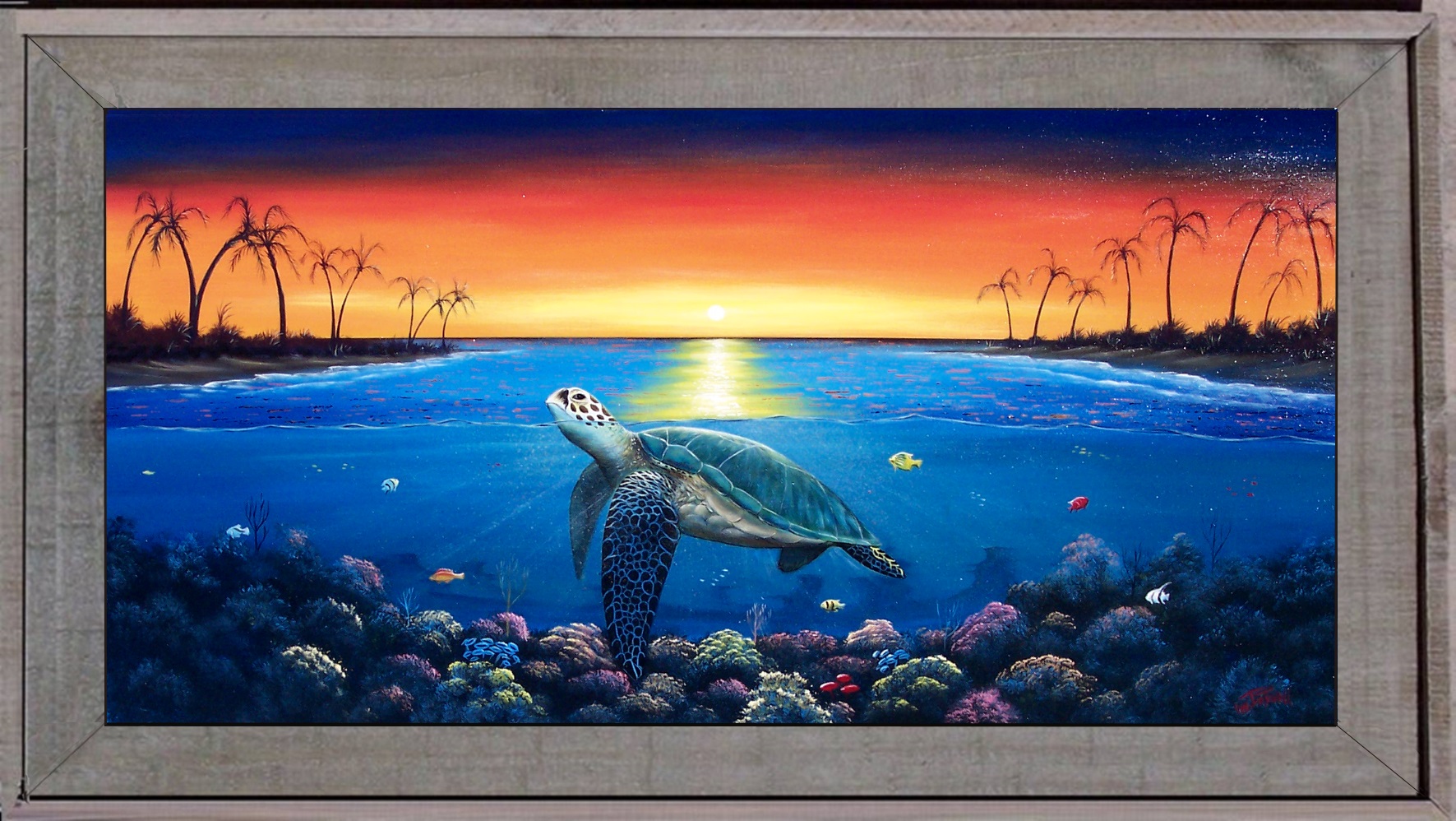 Sea Turtle over Coral Reef in Sunset original painting by Gary Boswell