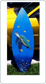 handcrafted yellowfish turtle painted surfboard
